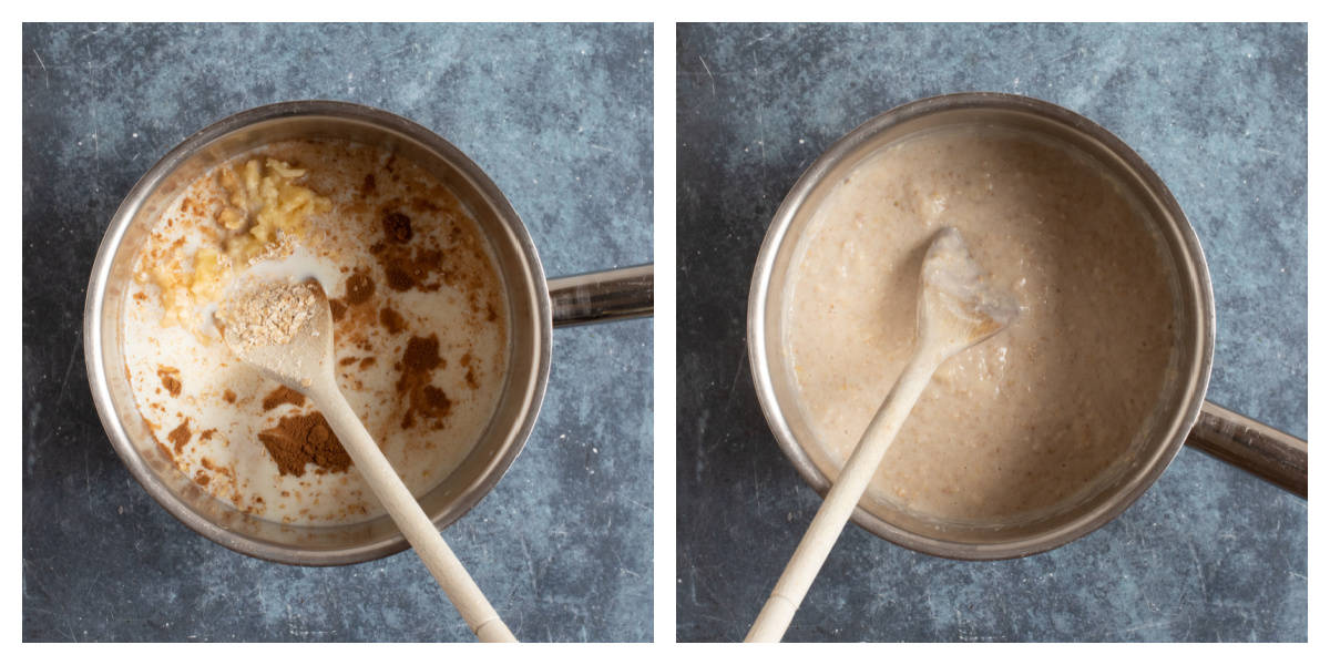 Banana porridge in a pan with a wooden spoon.