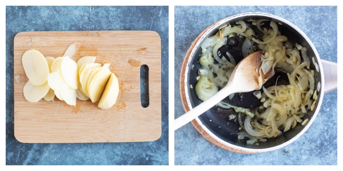 Slicing potatoes and cooking onions - process shots.