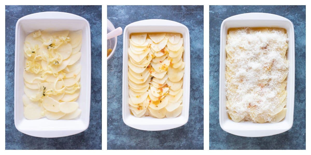 Assembling boulangere potatoes in baking dish.