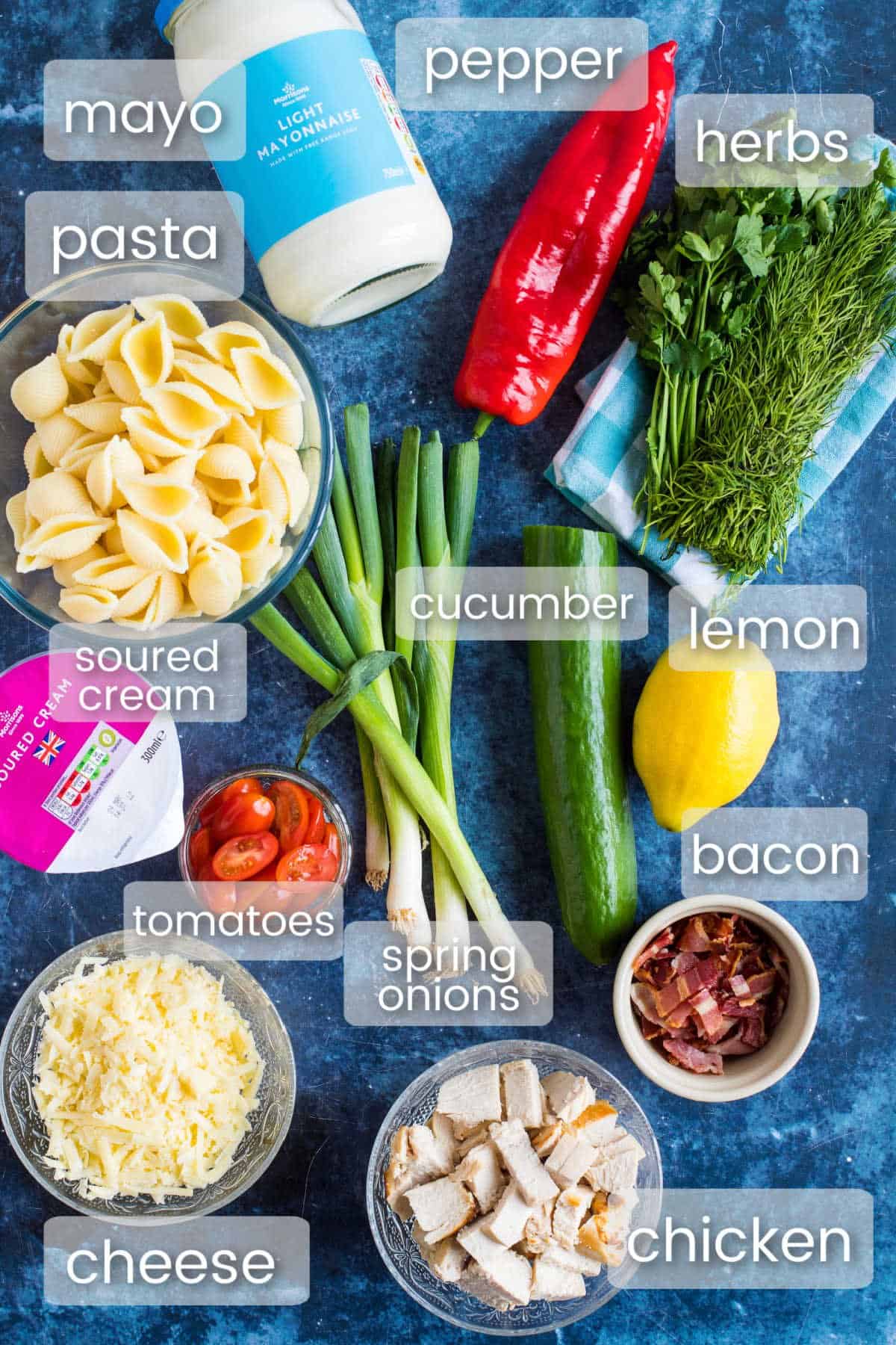 Ingredients to make chicken and bacon pasta salad.