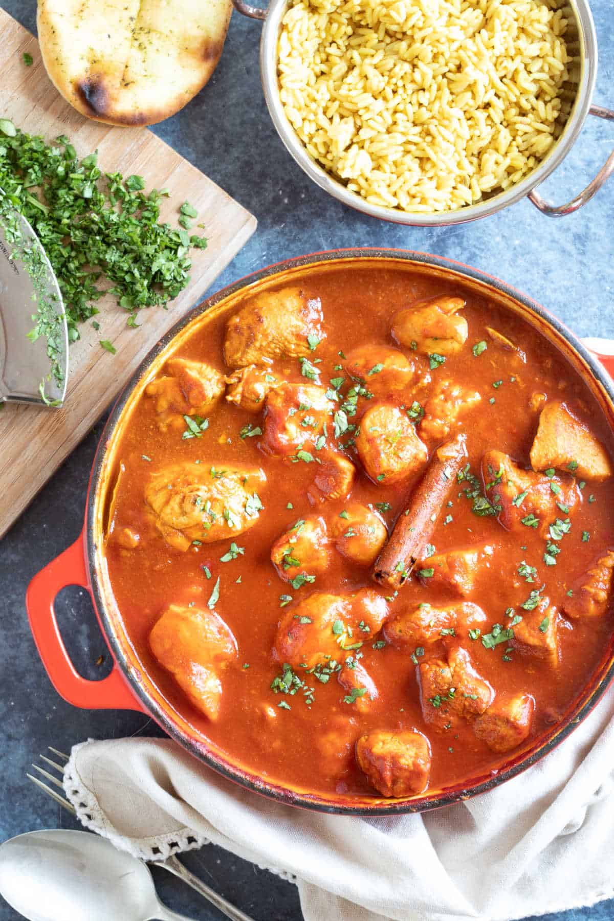 Chicken rogan josh with pilau rice and naan bread.