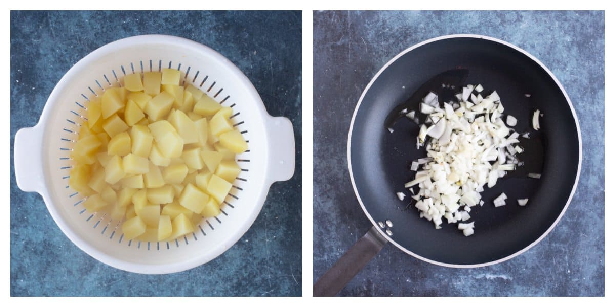 Steps 1 and 2 of making the corned beef hash.