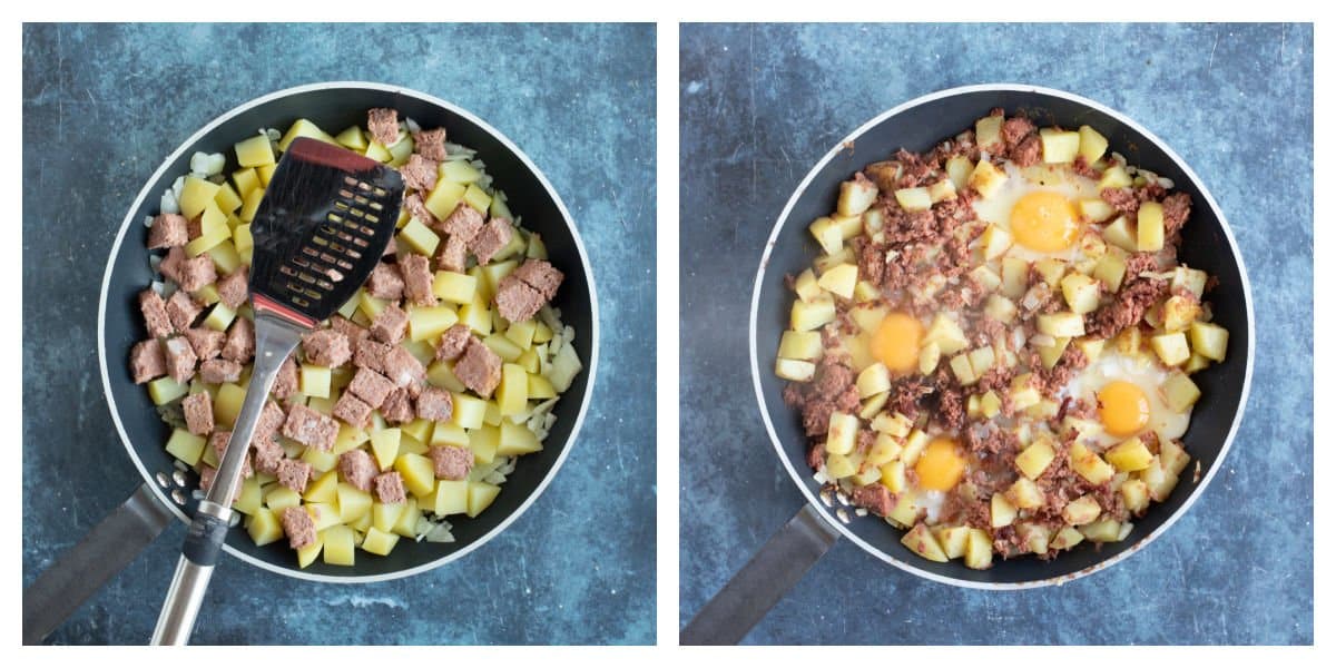 Corned beef hash in a frying pan with fried eggs.