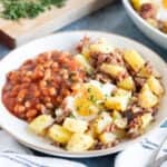 Corned beef hash with baked beans.