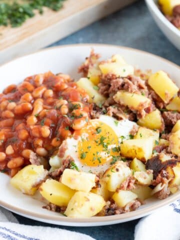 Corned beef hash with baked beans.