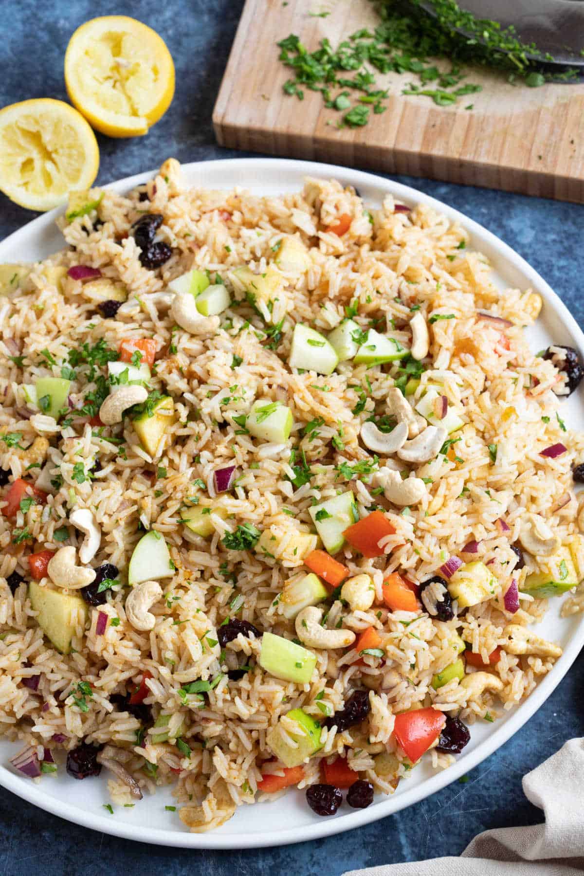 Cold curry rice salad on a serving platter.