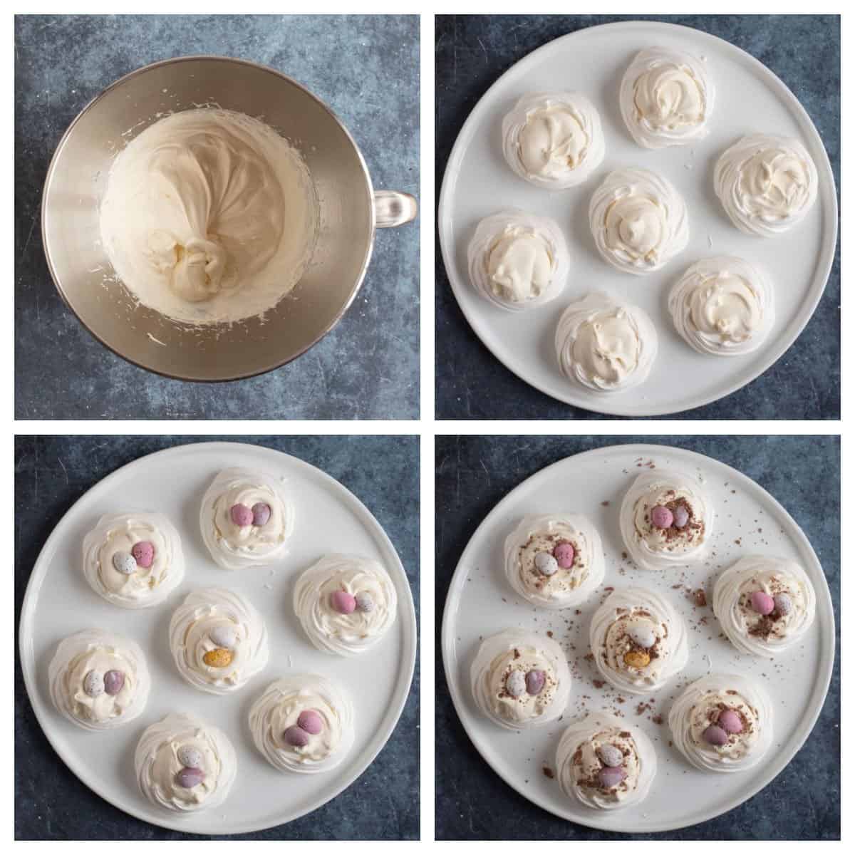 Assembling Easter meringues - step by step process shots.