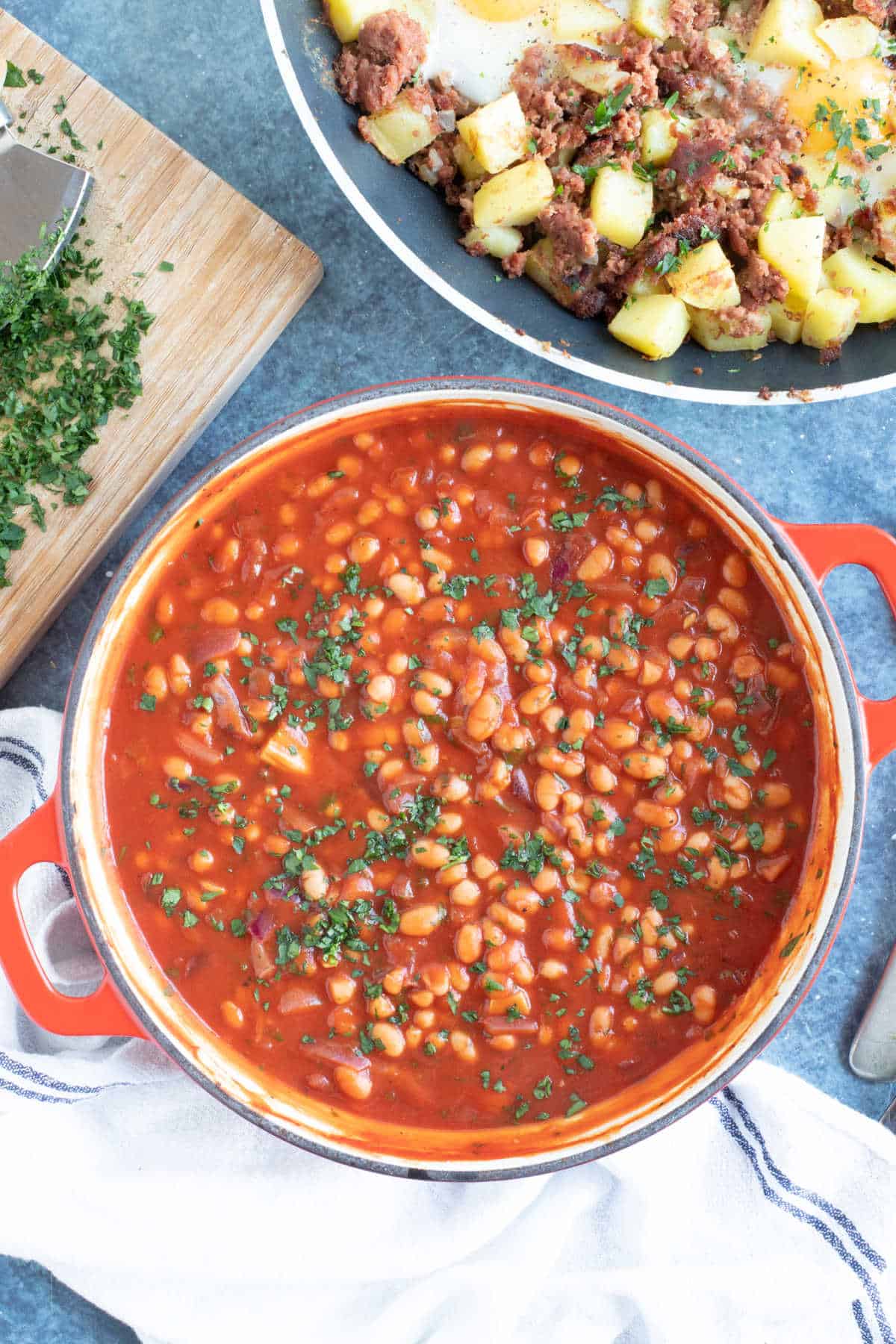 A pan of homemade baked beans.