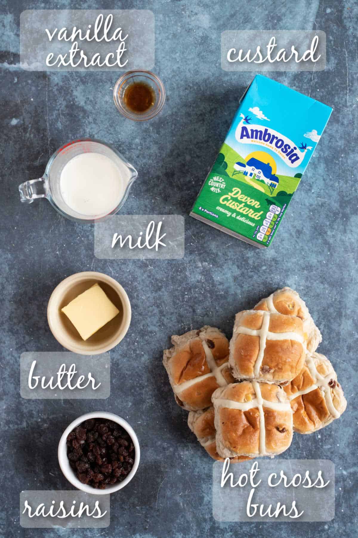 Ingredients for hot cross bun bread and butter pudding.