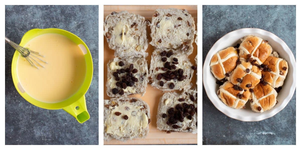 Process shots of assembling the hot cross bun and butter pudding.