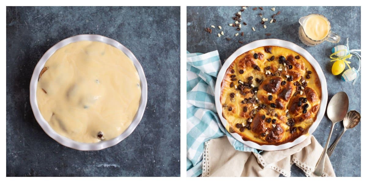 Baked hot cross bun and butter pudding.