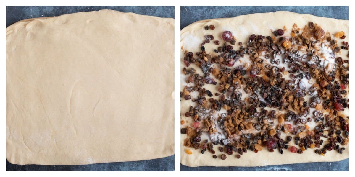 Rolled out dough sprinkled with dried fruit and sugar.