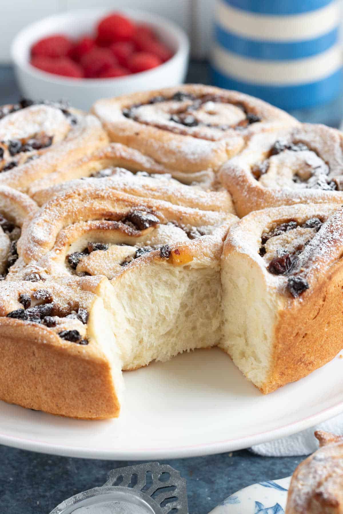 Lardy cake on a cake stand.