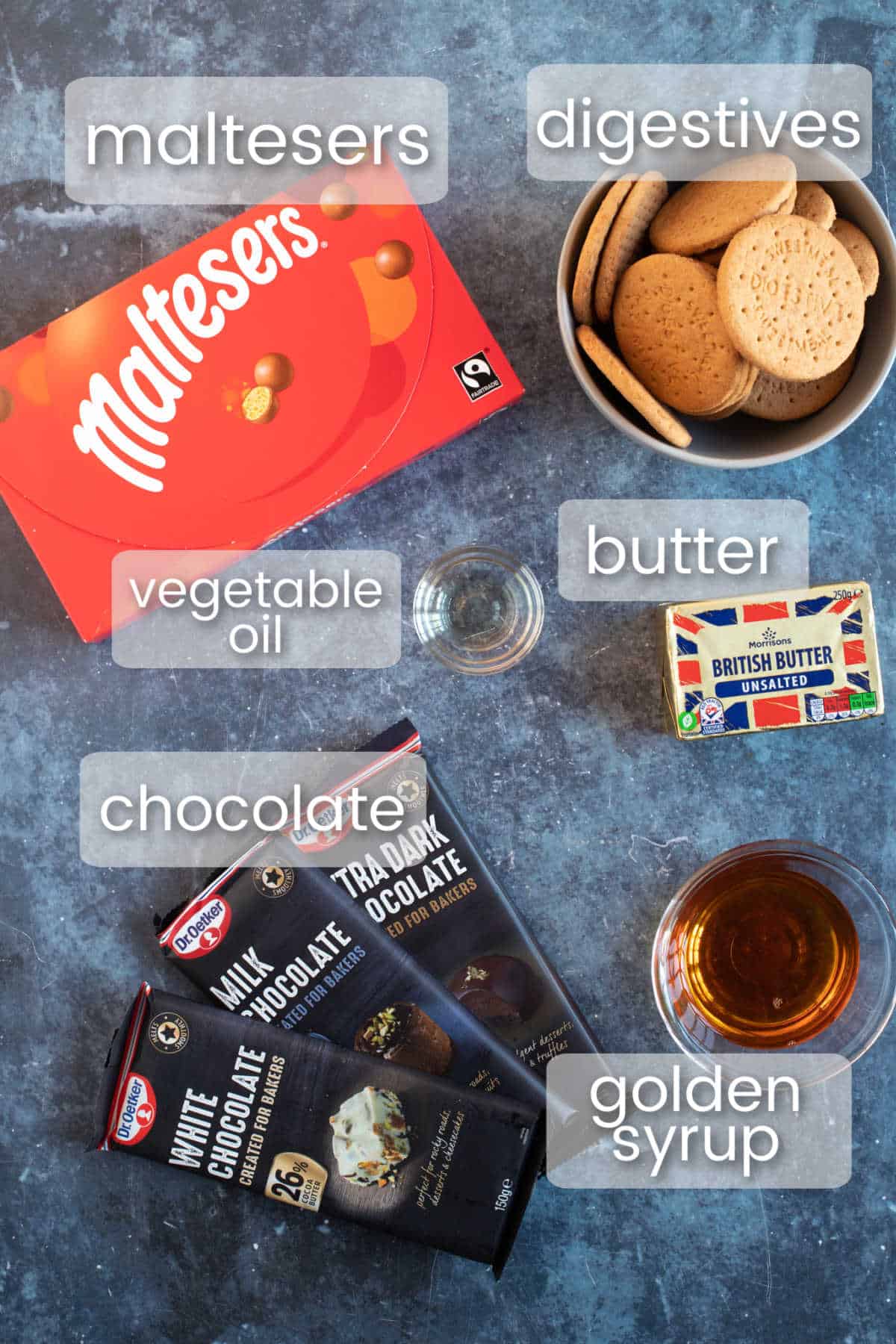 Ingredients for chocolate Malteser tiffin.