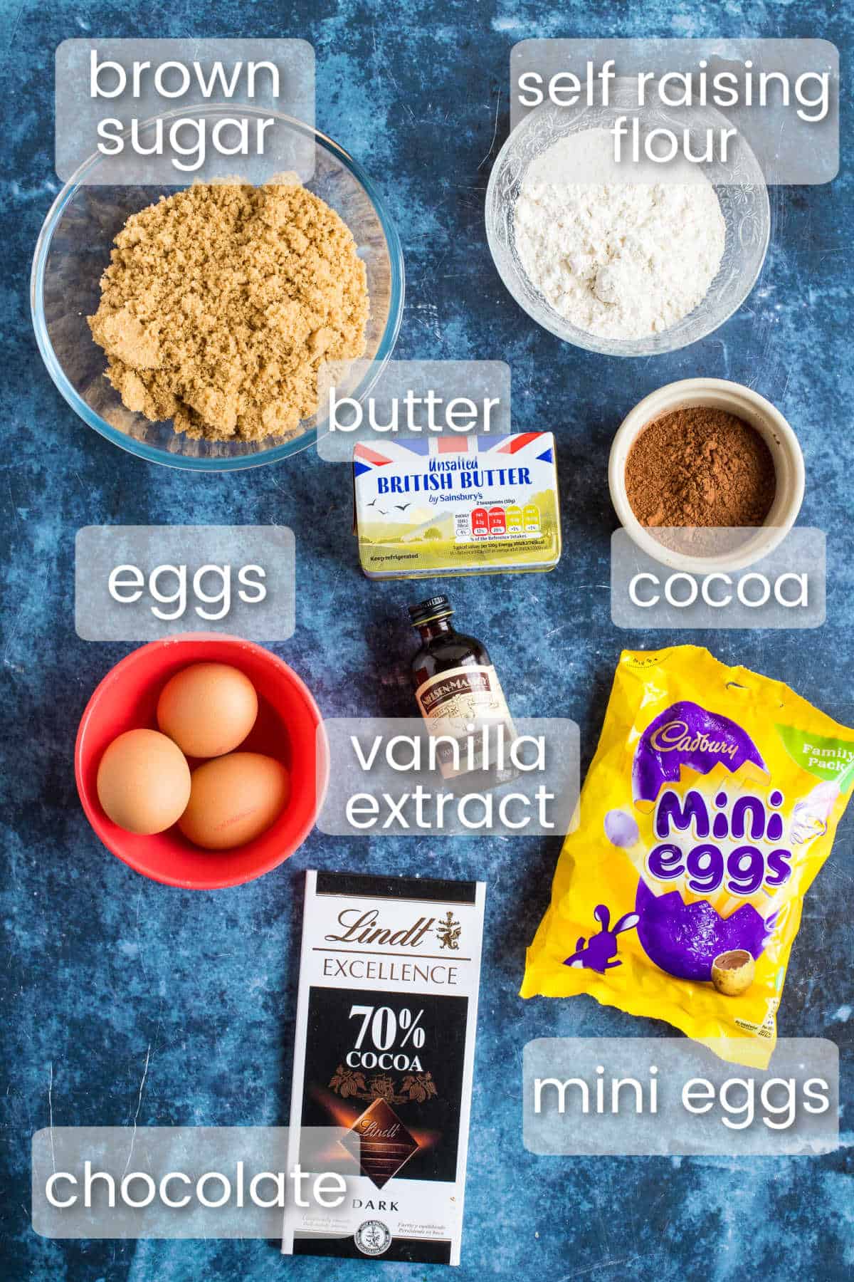 Ingredients for mini egg brownies.