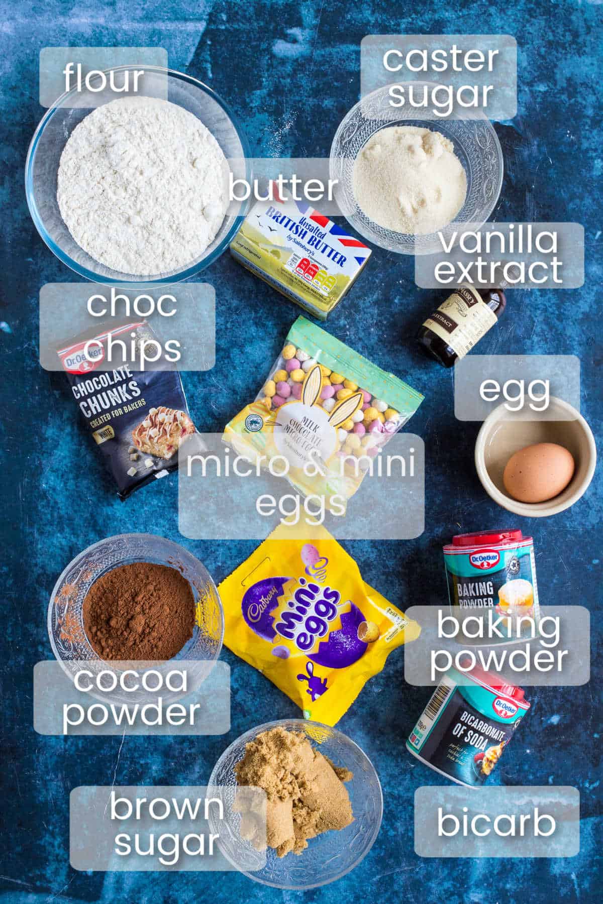 Ingredients for chocolate mini egg cookies.
