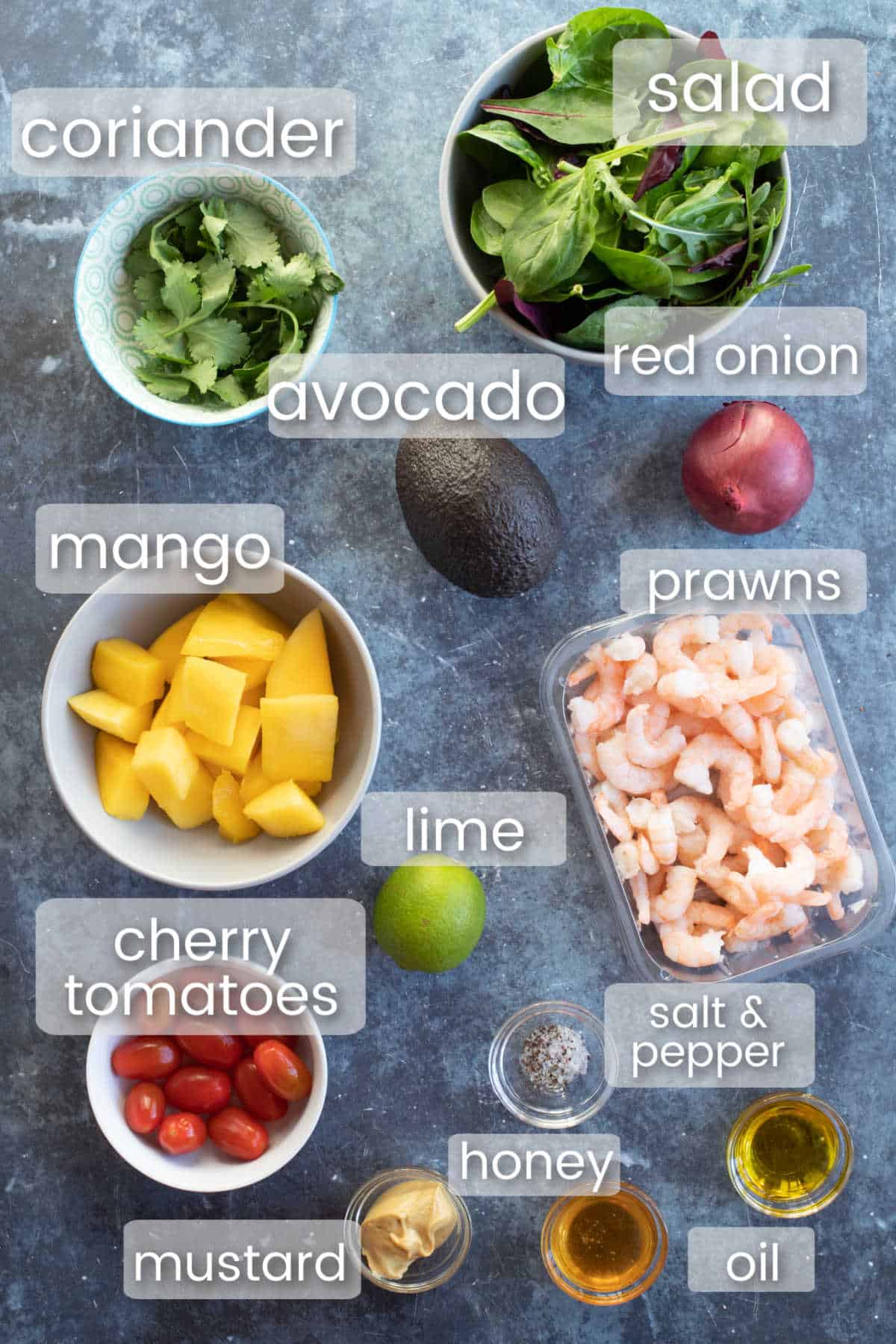 Ingredients for prawn, avocado and mango salad.