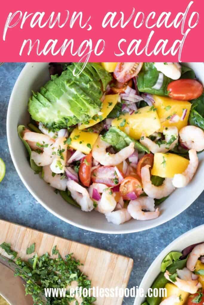 Prawn, avocado and mango salad pin image.