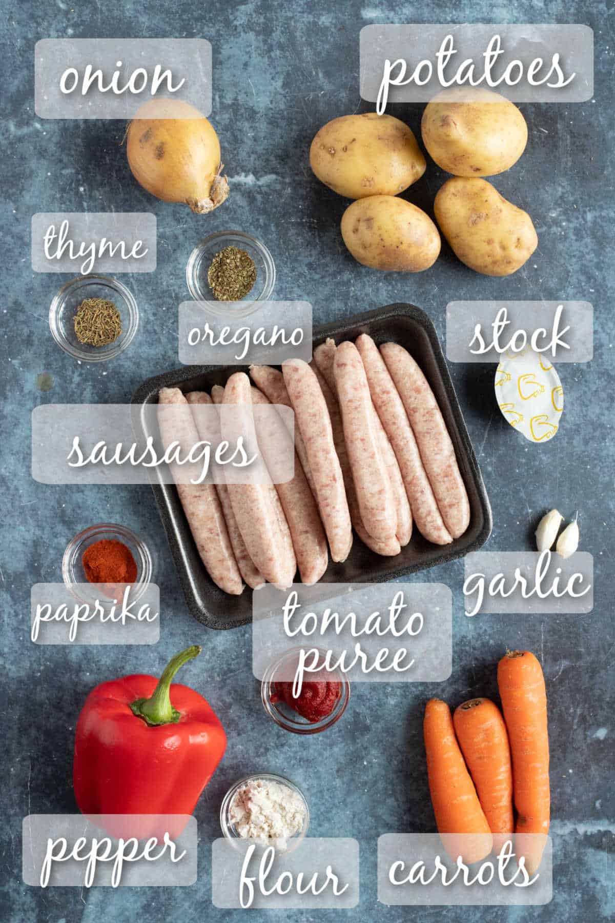 Ingredients for sausage hotpot.