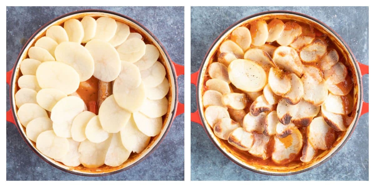 Topping the hotpot with sliced potatoes and baking in the oven.