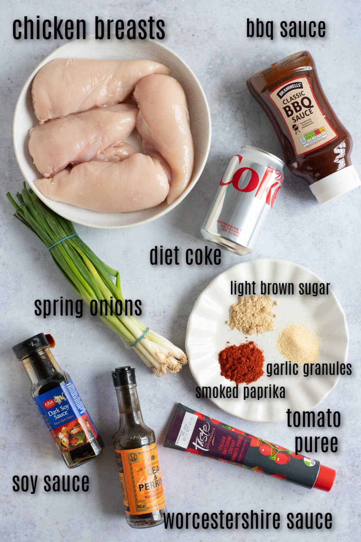 Ingredients to make slow cooker diet coke chicken.