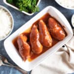 Diet coke chicken in a white serving dish.