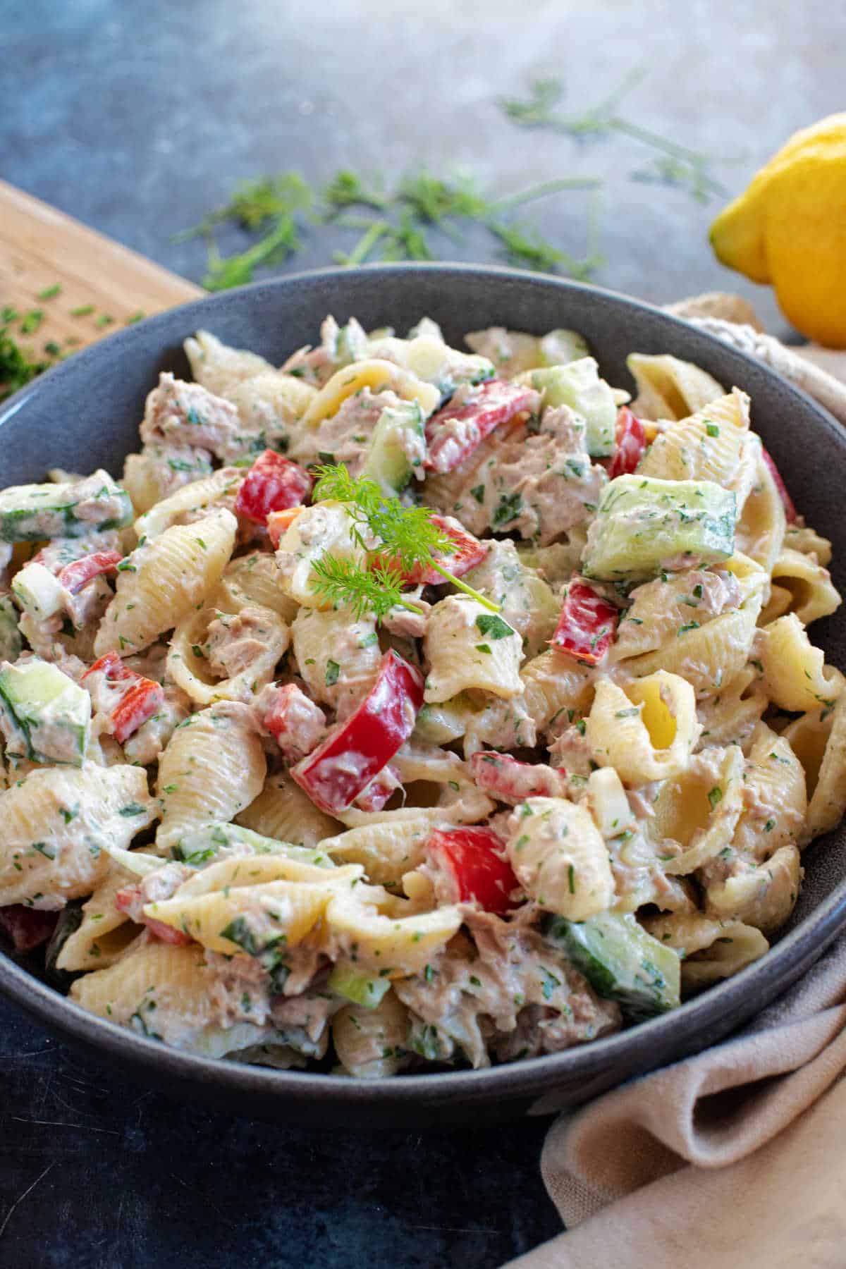 Best tuna pasta salad with red peppers.