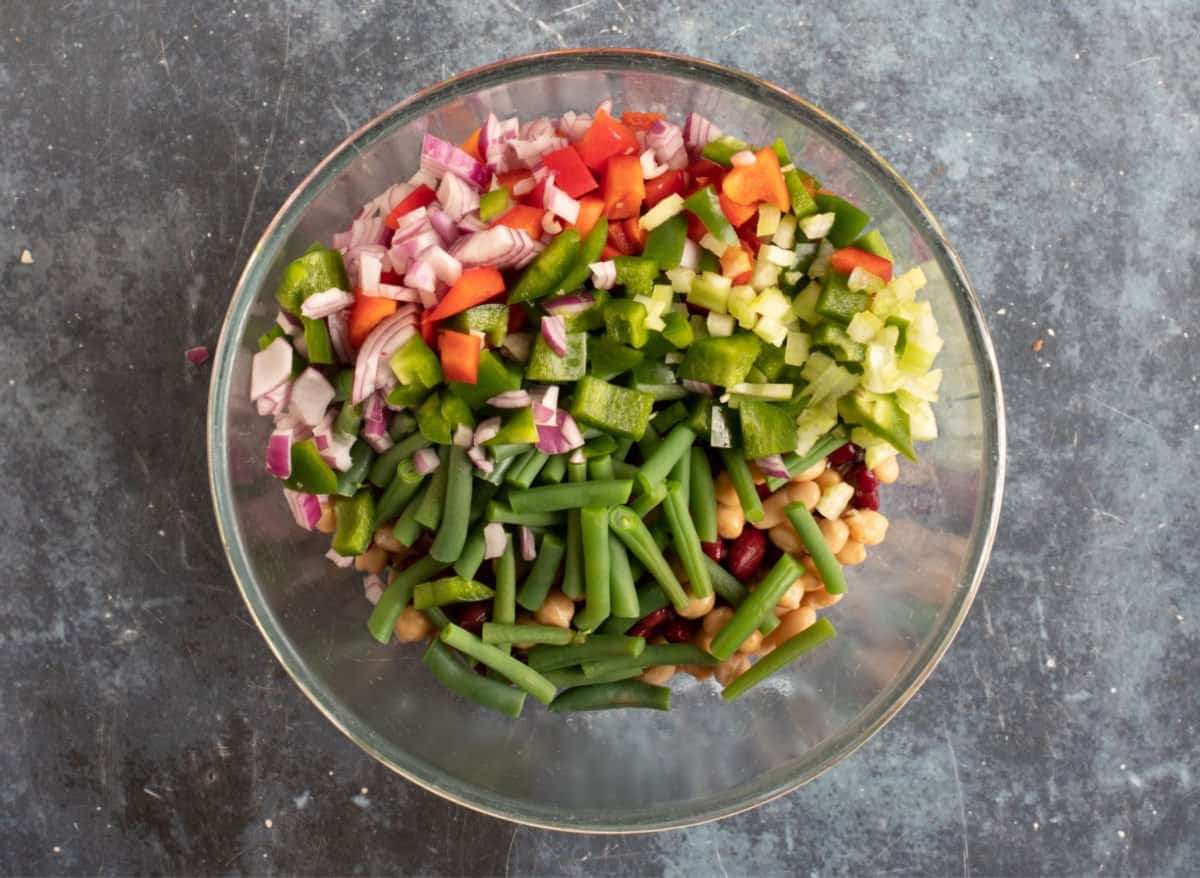 Five bean salad in a large bowl.