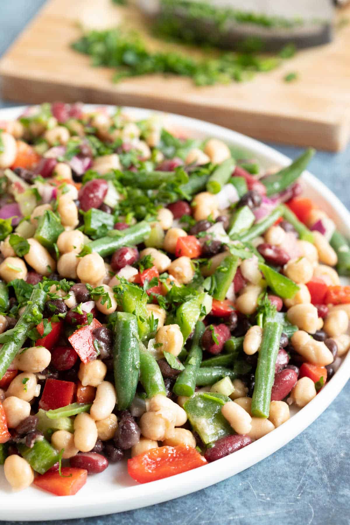 5 bean salad on a white serving plate.