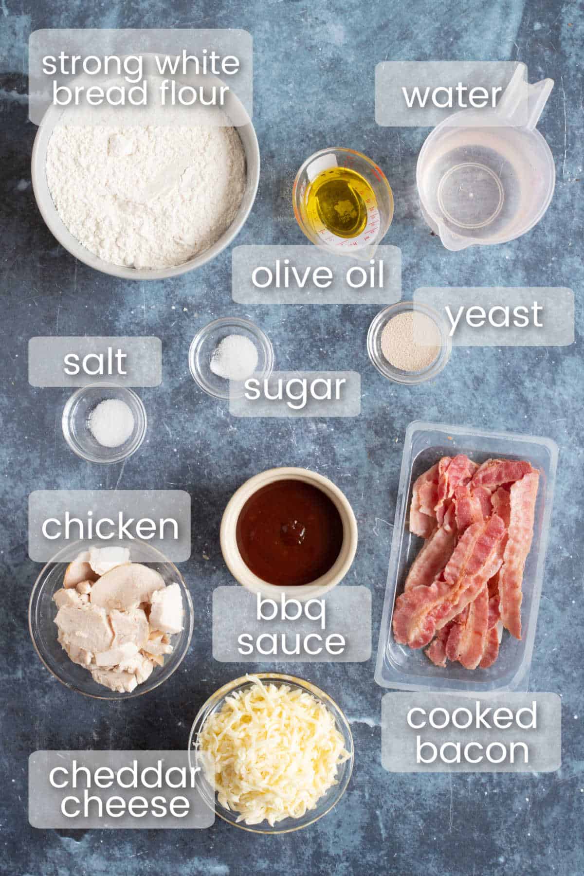 Ingredients for bbq chicken pizza.