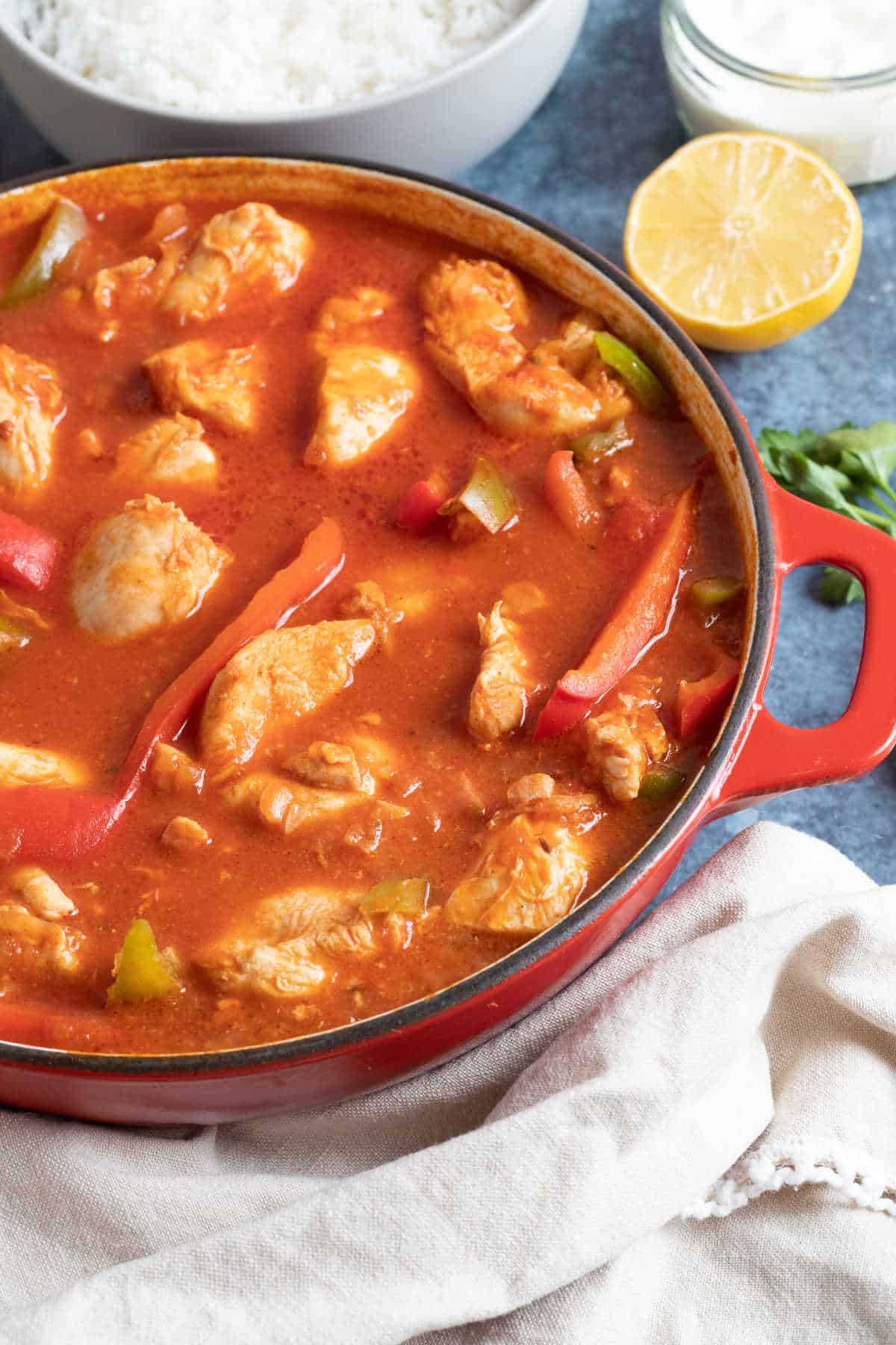 Chicken goulash in a pan.