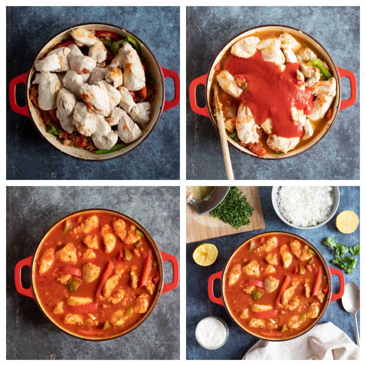 Step by step process shots of making chicken goulash.
