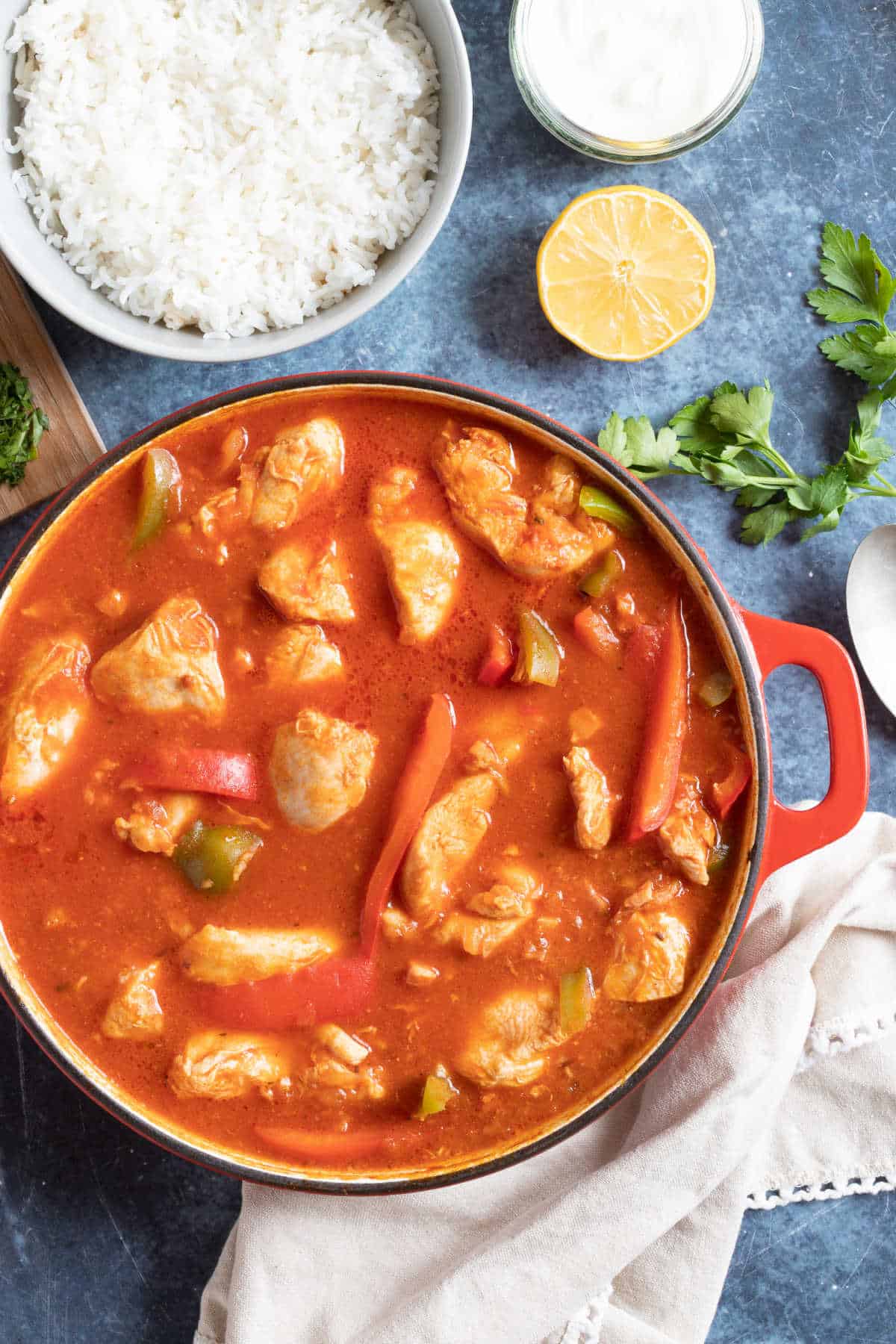 Chicken goulash with a side of rice.