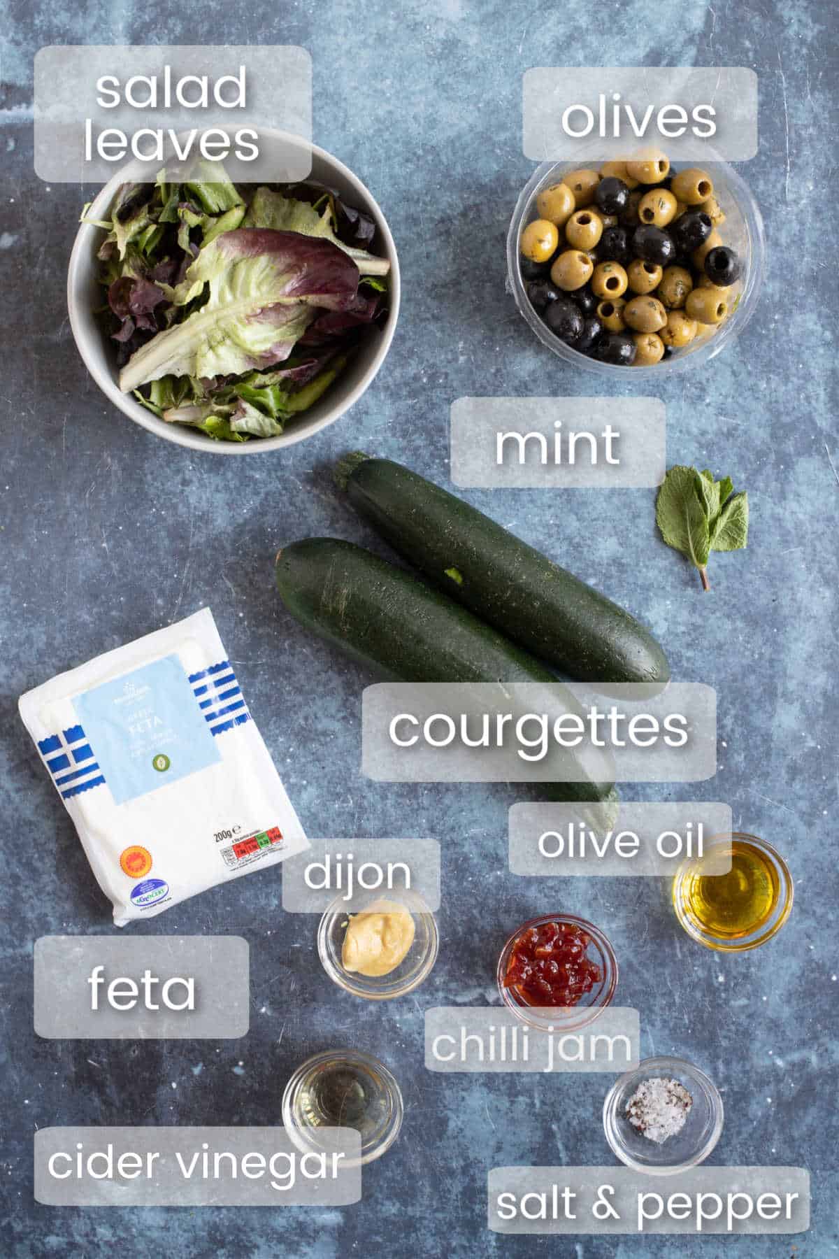 Ingredients needed for courgette feta salad.