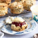 Fruit scone on a plate with jam and clotted cream.