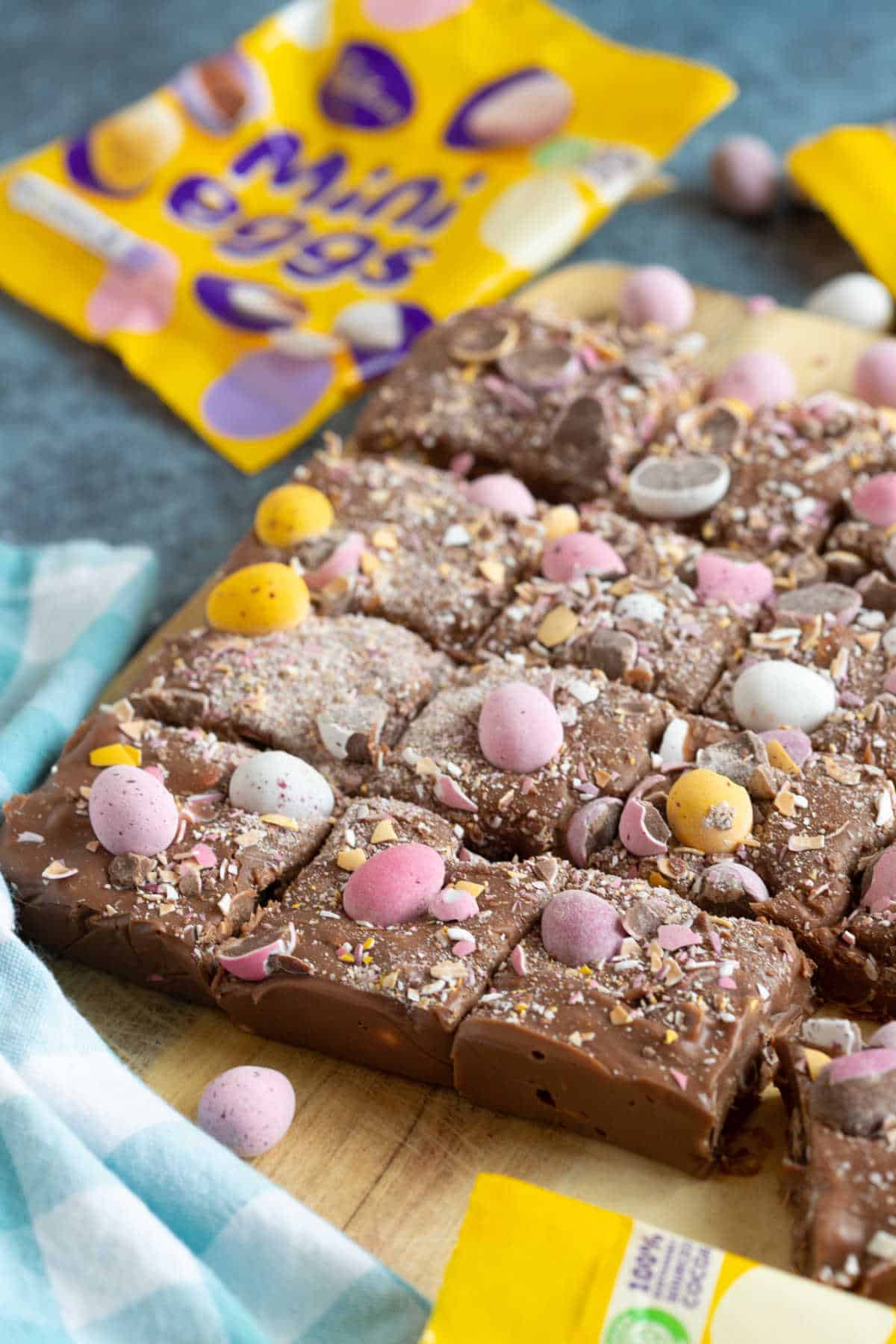 Mini egg fudge cut into squares.