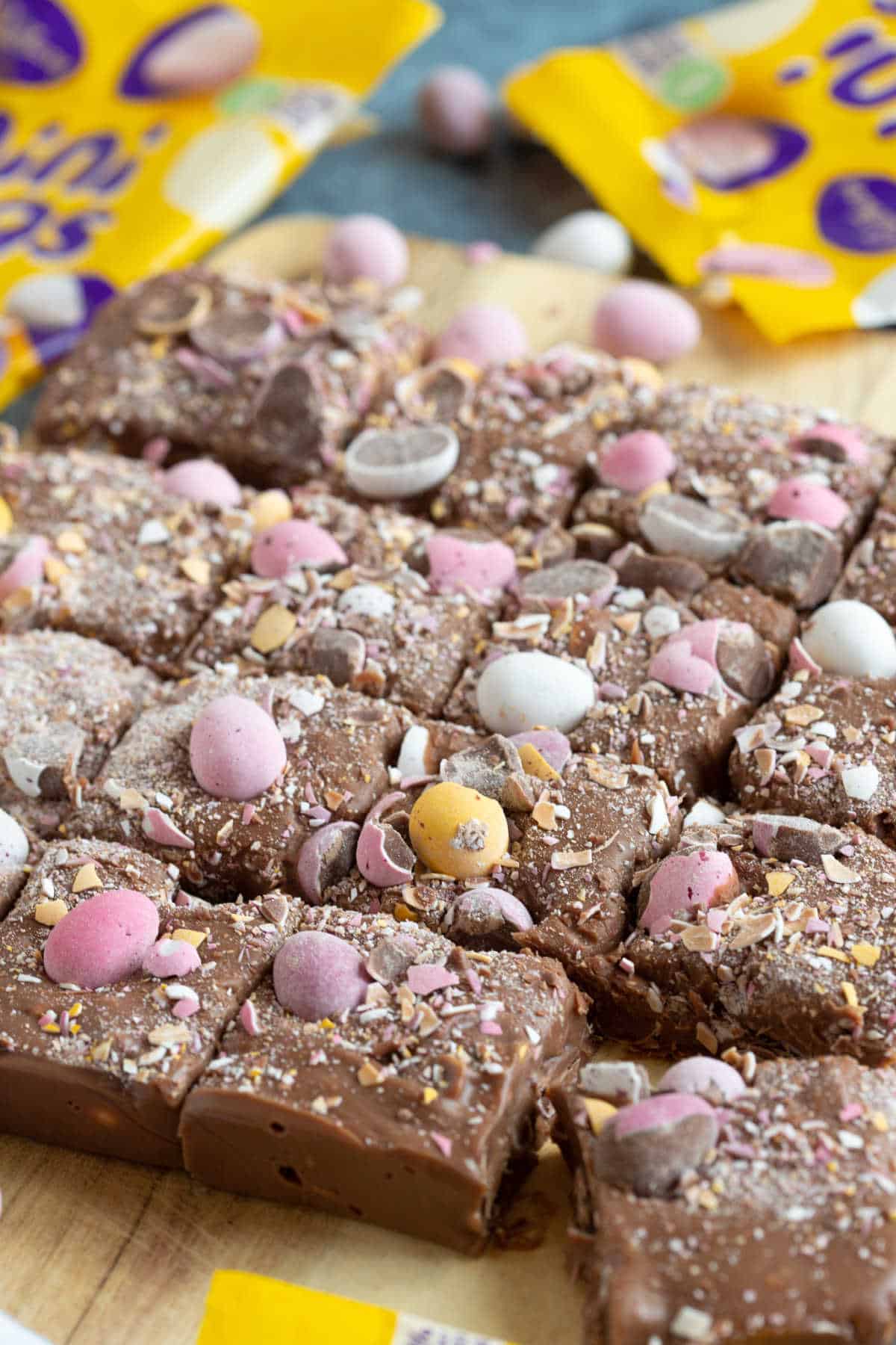 Chocolate mini egg fudge cut into squares.