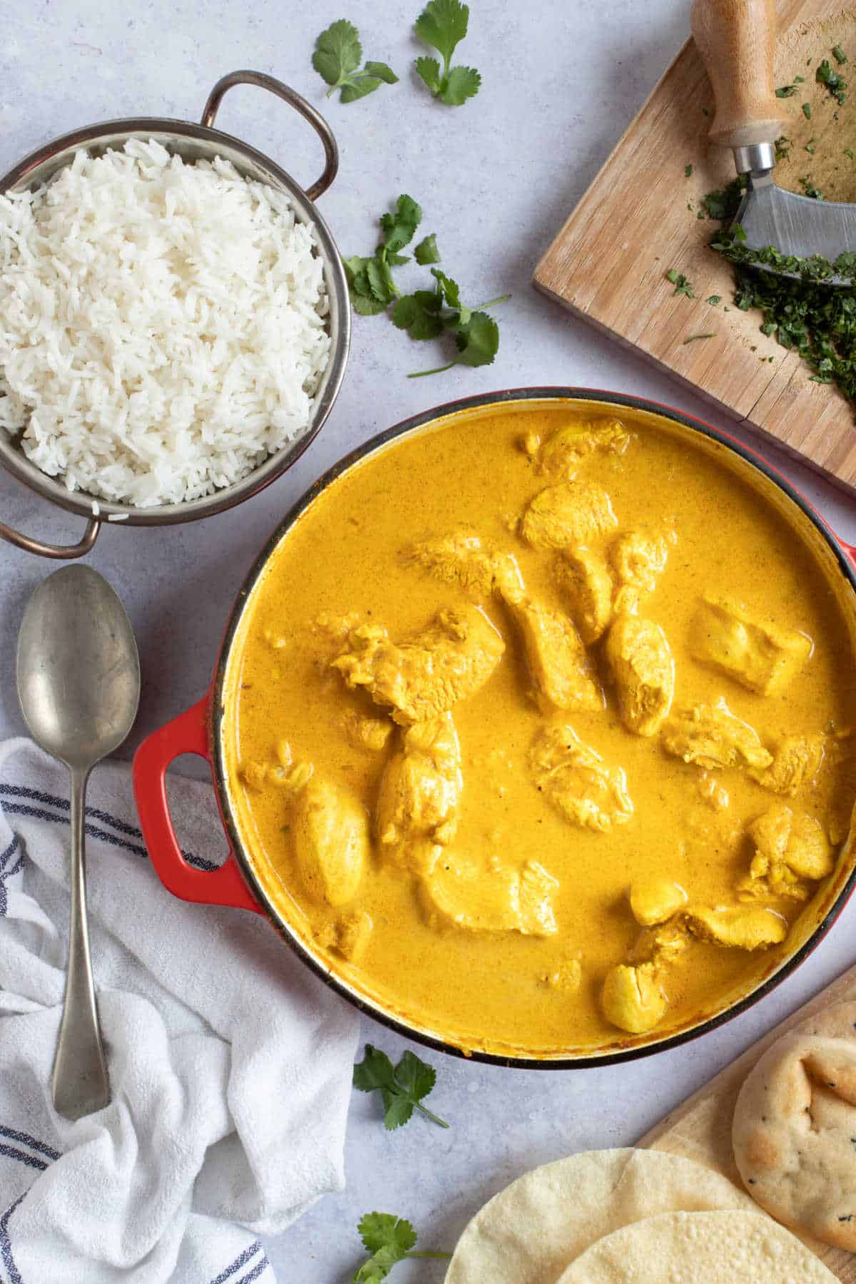 Chicken korma with a side of basmati rice.