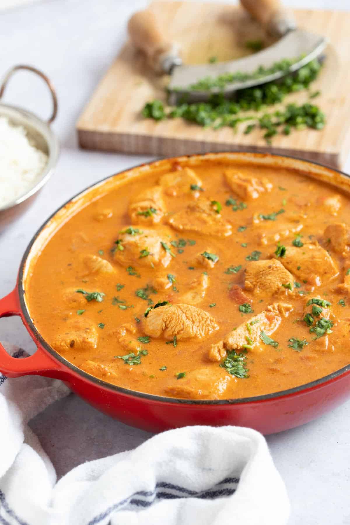 Homemade chicken tikka masala in a casserole.