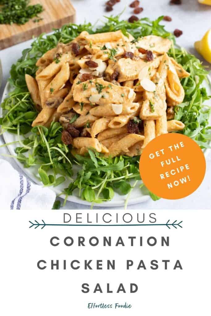 Coronation chicken pasta salad pin image.