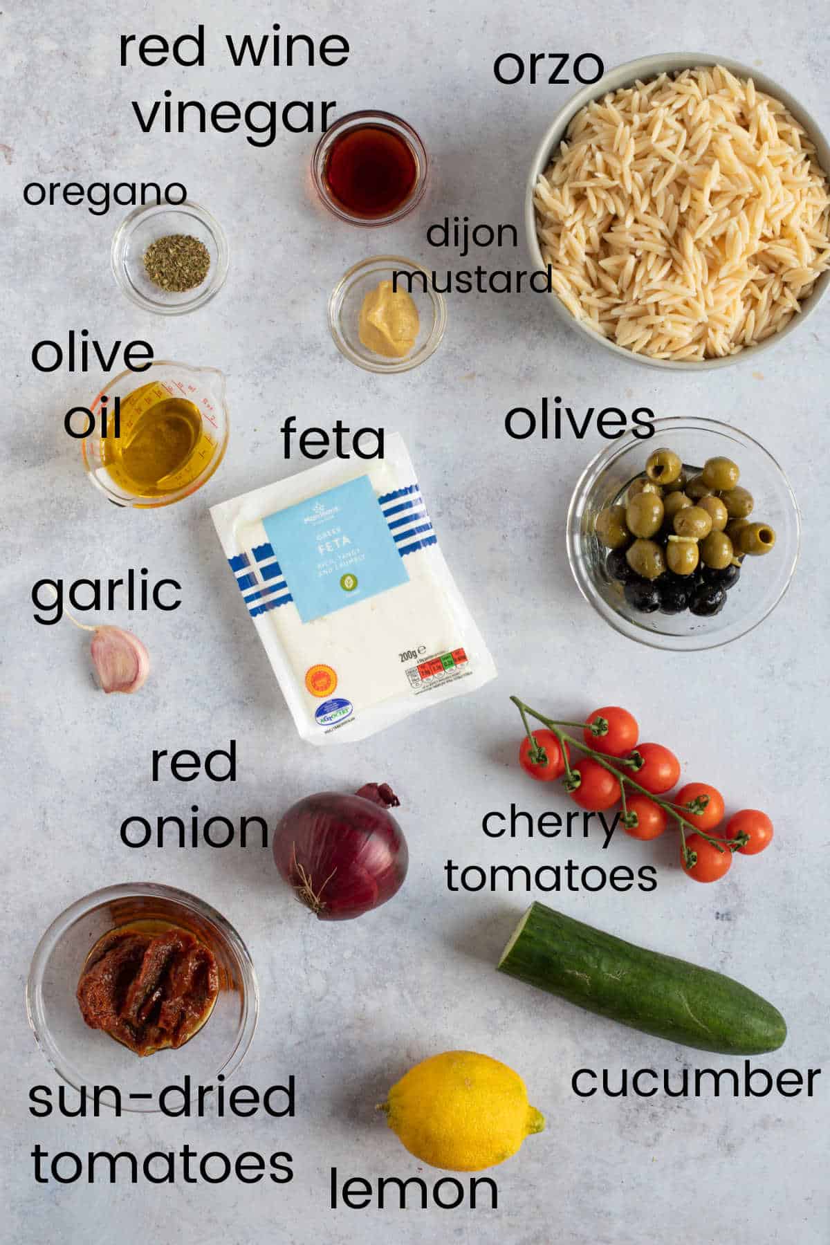 Ingredients to make Greek orzo salad.