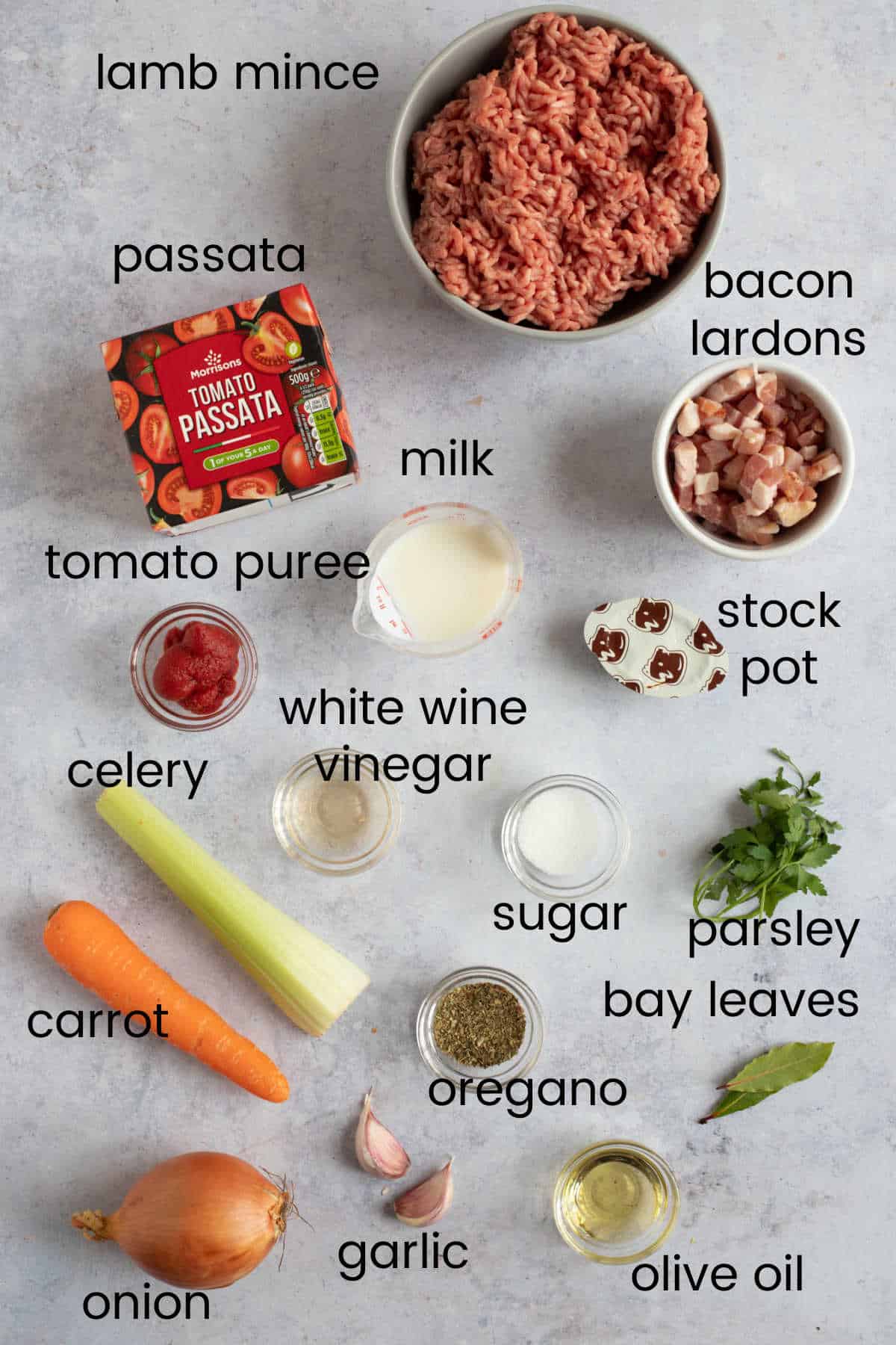 Ingredients for lamb bolognese.