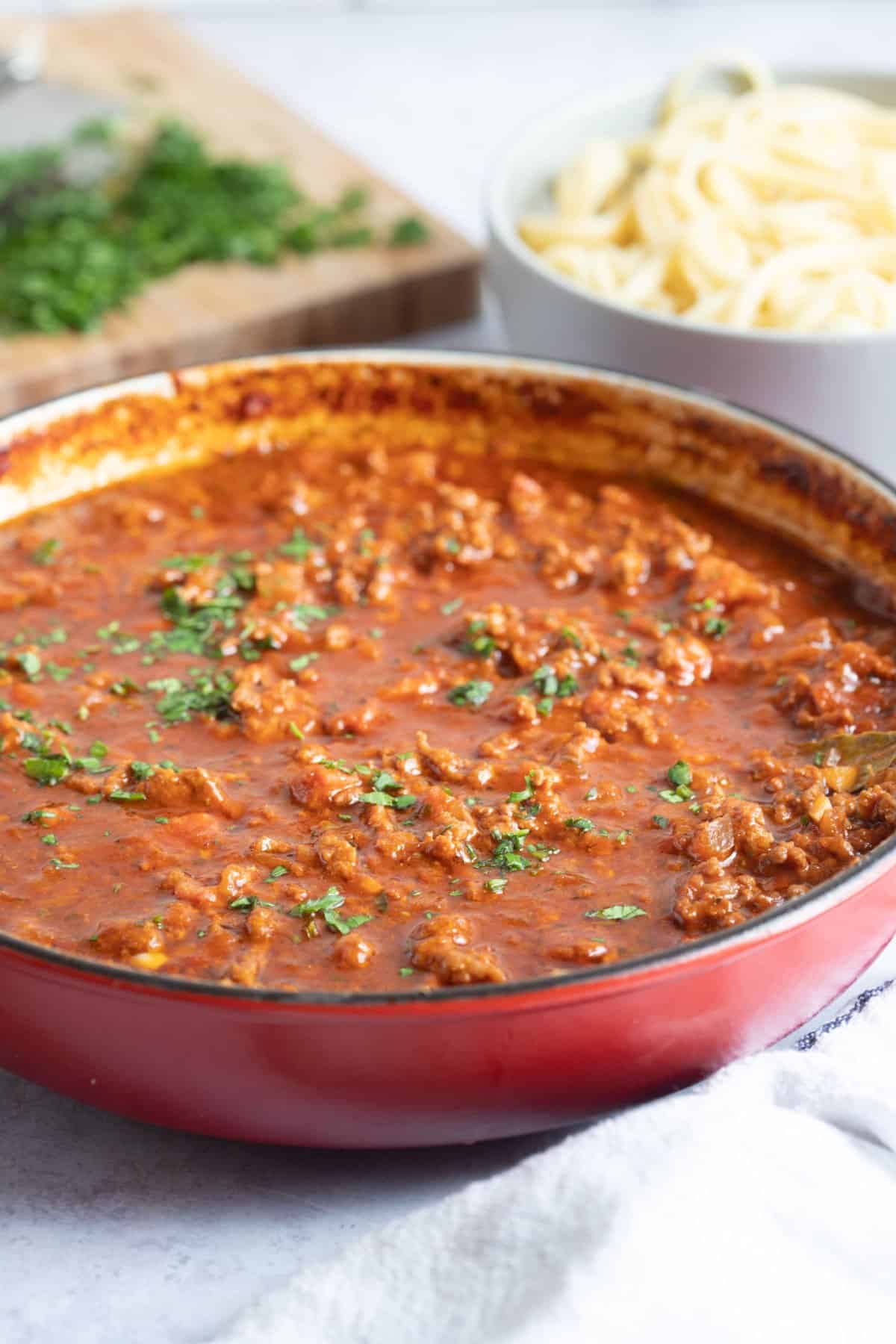 A pan of lamb bolognese.