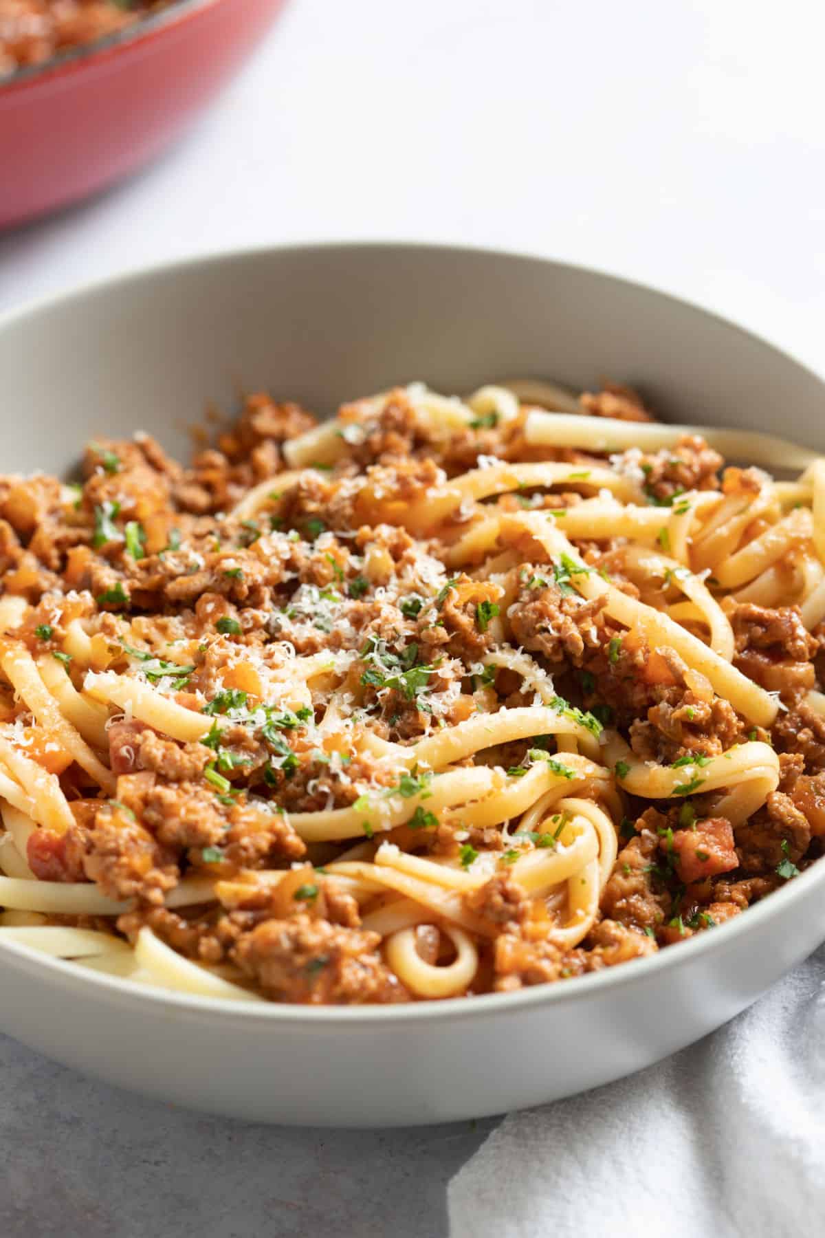 A bowl of lamb bolognese.