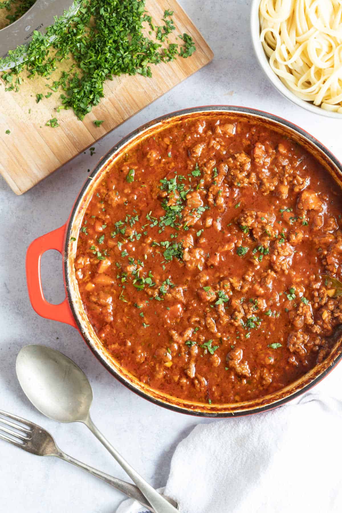 A pan of lamb bolognese.