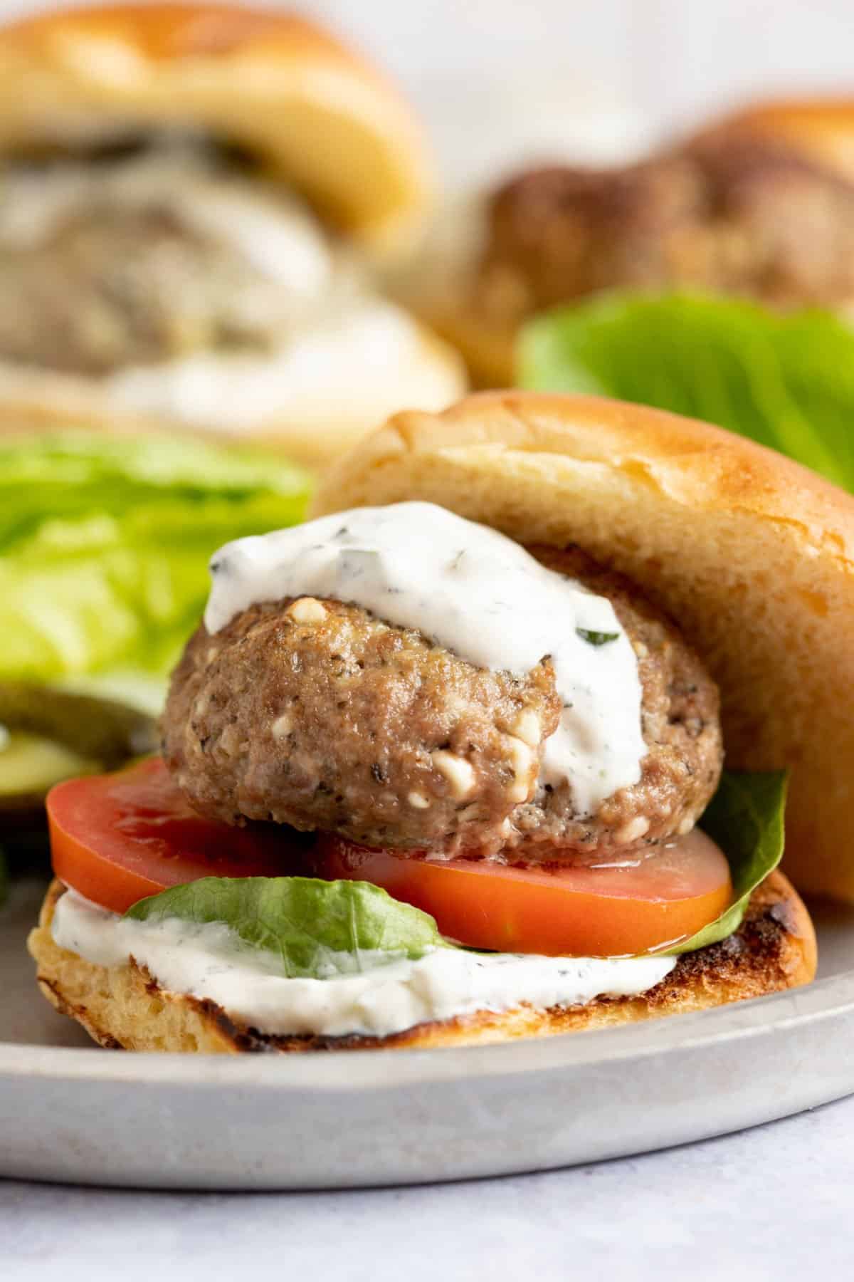 Lamb feta and mint burger in a brioche bun with tzatziki.