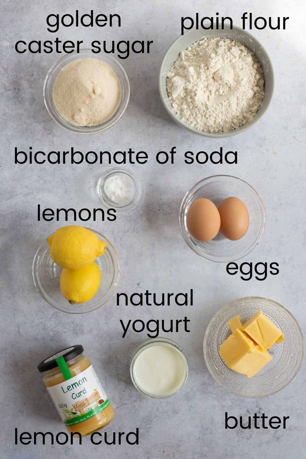 Ingredients for lemon drizzle muffins.