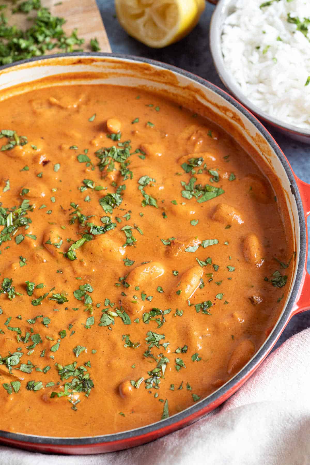 Creamy prawn masala curry with rice.