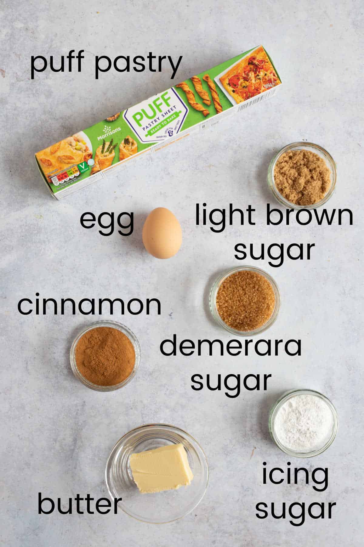 Ingredients for puff pastry cinnamon swirls.