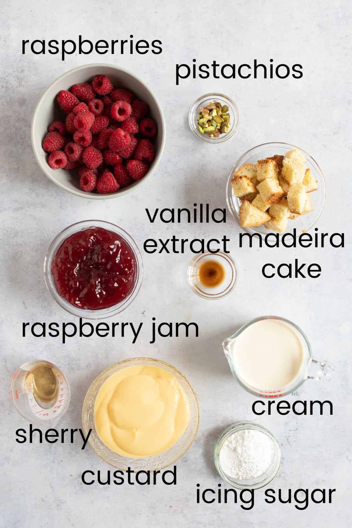 Ingredients needed to make sherry trifles.